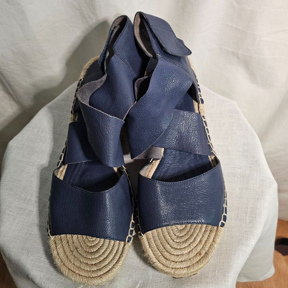 New Eileen Fisher Slate Blue Leather Strappy Platform Wedge Sandals sz 10 w Heel - Picture 2 of 7